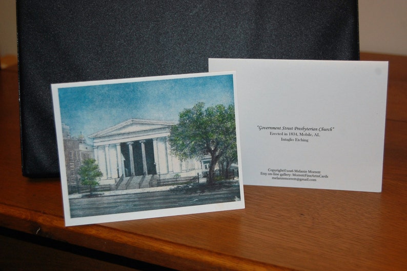 Government Street Presbyterian Church, Boxed Fine Art Note Cards, color monoprint etching, Religious art image 4