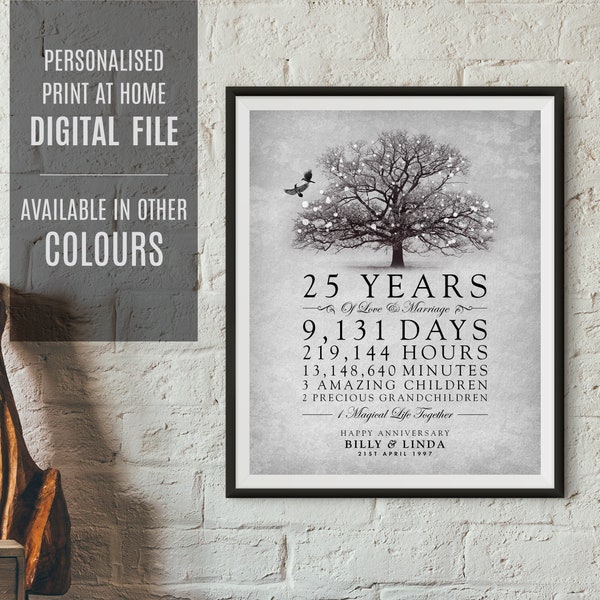 25th Wedding Anniversary Gift, Digital Download, Personalised Silver Anniversary, Watercolour Tree Print, Anniversary PDF, Last Minute Gift