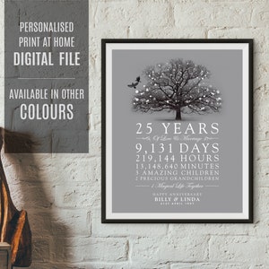 25th Wedding Anniversary Gift, Digital Download, Personalised Silver Anniversary, Anniversary Tree Print, Anniversary PDF, Last Minute Gift