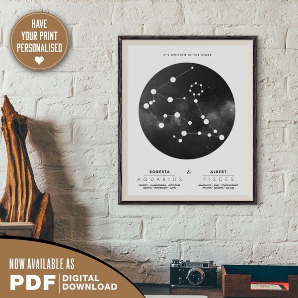 Star Sign print for couples, Personalised zodiac gift for couples, couples star constellations art, zodiac art, valentines day, UNFRAMED