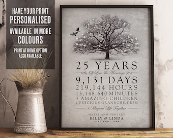 Personalised 25th Wedding Anniversary Gift, 25th Anniversary, Wedding Anniversary Tree Print, Any Year Anniversary print, UNFRAMED