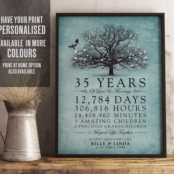 Personalised 35th Wedding Anniversary Gift, 35th Anniversary, Wedding Anniversary Tree Print, Any Year Anniversary print, UNFRAMED