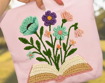 Wildflower Book Faux Latch Hook Set, Faux Yarn Crochet Boho Book Lover Bundle Instant Download, Dark Academia Bookish Sublimation Digital