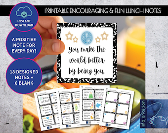 Afdrukbare lunchbox-notities voor kinderen Aanmoedigend en leuk Lunchnotities Motiverende schoolprintables Positief Terug naar school-bevestigingskaarten PDF