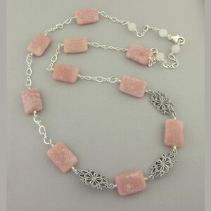 Pink Opal Semi Precious Rect Stone and Rose Quartz  w Sterling Silver Design Rect 25"" on Sterling Silver Figure 8 Chain  Handcrafted 3340