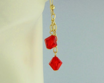 Red (Lt. Siam) Swarovski Crystal Bicones 1 3/4" Earrings on 14K Gold Filled 8 Chain and 14K Gold Filled Ear Wires Handcrafted 2216