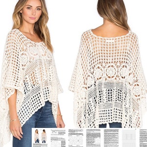 Crochet poncho PATTERN, lacy cover written in ENGLISH for every row, with charts. Download Pdf from https://favoritepatterns.com if sold out