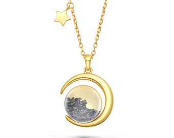 Authentic Moon Rock Crescent Series Necklace (From Lunar Meteorite NWA 11788)--18K Gold