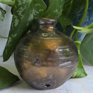May include: A small, round, bronze-colored ceramic vase with a narrow neck and a small hole near the base. The vase has a metallic sheen and is surrounded by green leafy plants.