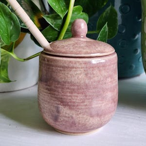 May include: A small, pink ceramic honey pot with a lid and a wooden honey dipper. The pot has a textured, speckled finish.