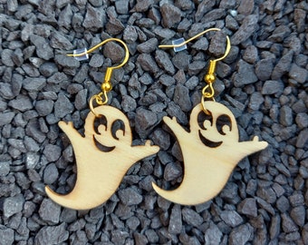 Ghost Earrings, Wooden Earrings, Dangle Earrings, Fish Hook Earrings