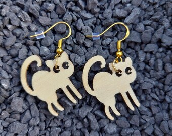 Cat Earrings, Wooden Earrings, Dangle Earrings, Fish Hook Earrings