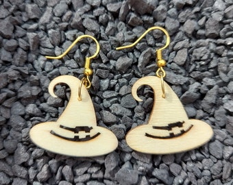 Witch Hat Earrings, Wooden Earrings, Dangle Earrings, Fish Hook Earrings