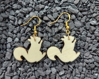 Squirrel Earrings, Wooden Earrings, Dangle Earrings, Fish Hook Earrings