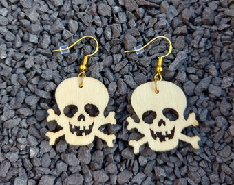 Skull Earrings, Wooden Earrings, Dangle Earrings, Fish Hook Earrings