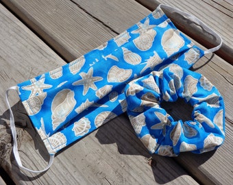 Scrunchie and Mask set - Blue Seashells