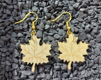 Maple Leaf Earrings, Wooden Earrings, Dangle Earrings, Fish Hook Earrings