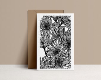 Carte  de saint valentin et enveloppe Kraft, Je l'Aime, dessin de fleur marguerite, Illustration noire et blanche, monocotylédone