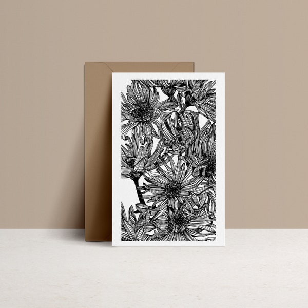 Carte  de saint valentin et enveloppe Kraft, Je l'Aime, dessin de fleur marguerite, Illustration noire et blanche, monocotylédone