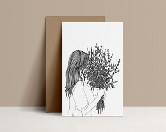 Carte de vœux et enveloppe Kraft, Bouquet d'Eucalyptus, Illustration noire et blanche, dessin encré à la main et à l'encre, monocotylédone