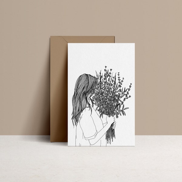 Carte de vœux et enveloppe Kraft, Bouquet d'Eucalyptus, Illustration noire et blanche, dessin encré à la main et à l'encre, monocotylédone