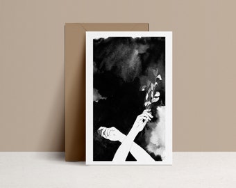 Carte de correspondance & enveloppe Kraft, Brindille, Illustration noire et blanche, Edition encrée à la main, carte de vœux, monocotylédone