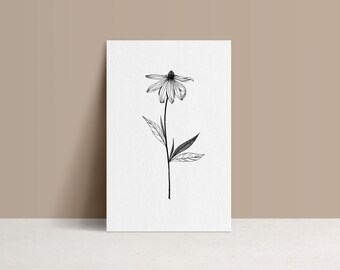 Carte à Volet et enveloppe Kraft, Rudbeckia, fleur, Illustration noire et blanche, Edition encrée à la main, carte de vœux, monocotylédone