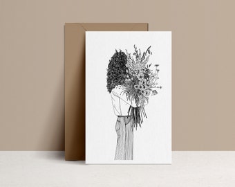 Carte de vœux et enveloppe Kraft, bouquet des Champs, Illustration noire et blanche, dessinée à la main et à l'encre, monocotylédone