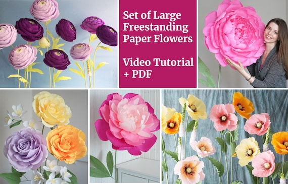 Giant Paper Flowers Tutorial Paper Flower Templates Crepe Etsy