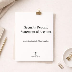 以下が含まれることがあります： 「Security Deposit Statement of Account」というテキストが書かれた白い書類が、金色のクリップで留められています。金色のペンと小さなノートが左側にあります。金色のペーパークリップが入った小さな白いボウルが右側にあります。