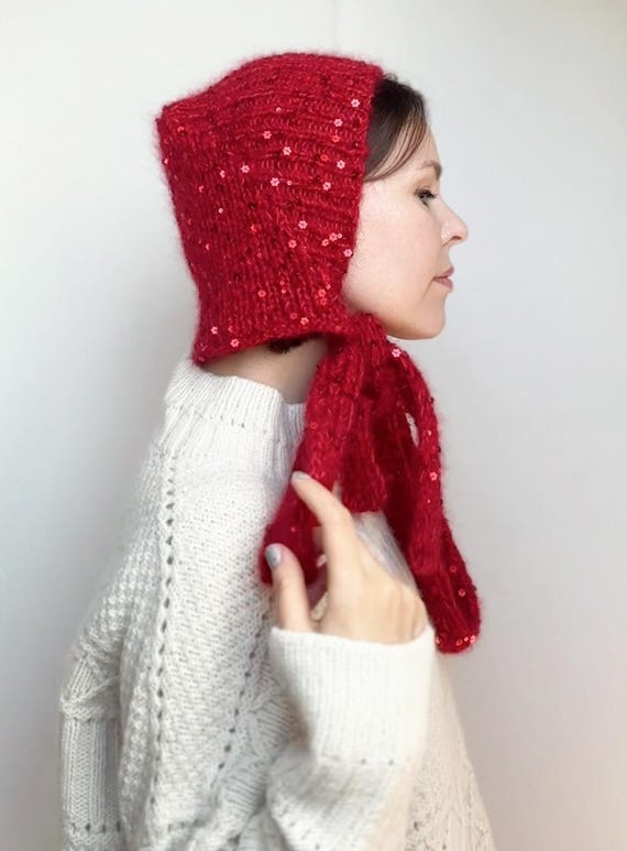 Handmade Red Knit Bonnet RED Knitted Bonnet from Alpaca Wool l Handmade [Pre-Order  main image 4