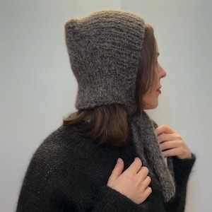 Charcoal gray Knitted Adult Bonnet | Hand- knit bow tie Bonnet | Vintage inspired bonnet | Handmade gift for her