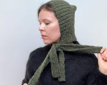 Green knitted Bonnet | Hand Knit Winter Hat for Women | Adult Cozy Bonnet