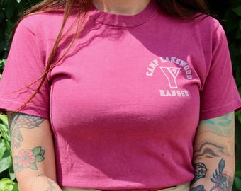 80s Vintage Camp Tee: Maroon Single Stitch T-Shirt (XS/Small)
