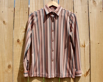 70's Nylon Button-down Vintage Disco Shirt | Long Sleeve Long Collar Blouse | Women's Small