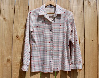 70's Nylon Button-down Vintage Disco Shirt | Patterned Long Sleeve Blouse | Long Collar | Women's Small