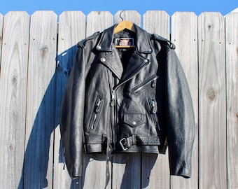 Vintage Black Leather Jacket | Belted Biker Motorcycle Coat | Medium Riding Jacket
