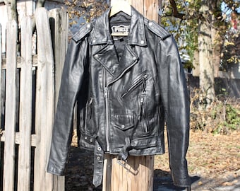 Vintage Black Leather Motorcycle Jacket | Heavyweight Riding Jacket (Size Medium)
