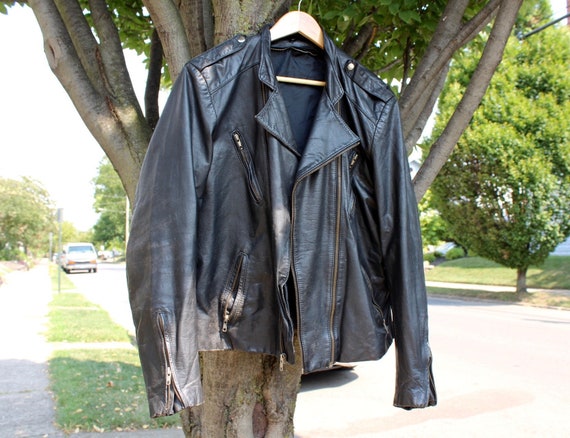 Large Men's Vintage Leather Moto Jacket | black l… - image 1