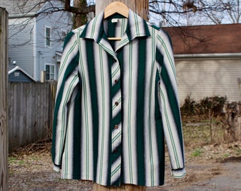 70s Vintage Striped Disco Shirt: Long Sleeve Polyester Blouse, Unisex Small