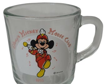 Vtg Mickey Mouse Club Disney Anchor Hocking Clear Glass Mug Cup Made in USA
