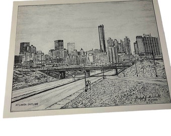 Atlanta Skyline 1980 Etching Print By Ralph J Mitchell 11"x8.5" Unframed