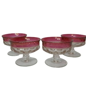 4 Vintage Tiffin King&#39;s Crown Thumbprint Dessert/Sherbet Dishes Ruby Flash Glass