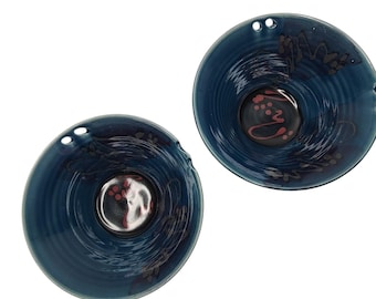 2 Handmade Glazed Pottery Large Blue Bowls Signed By Artist Fortin (?)