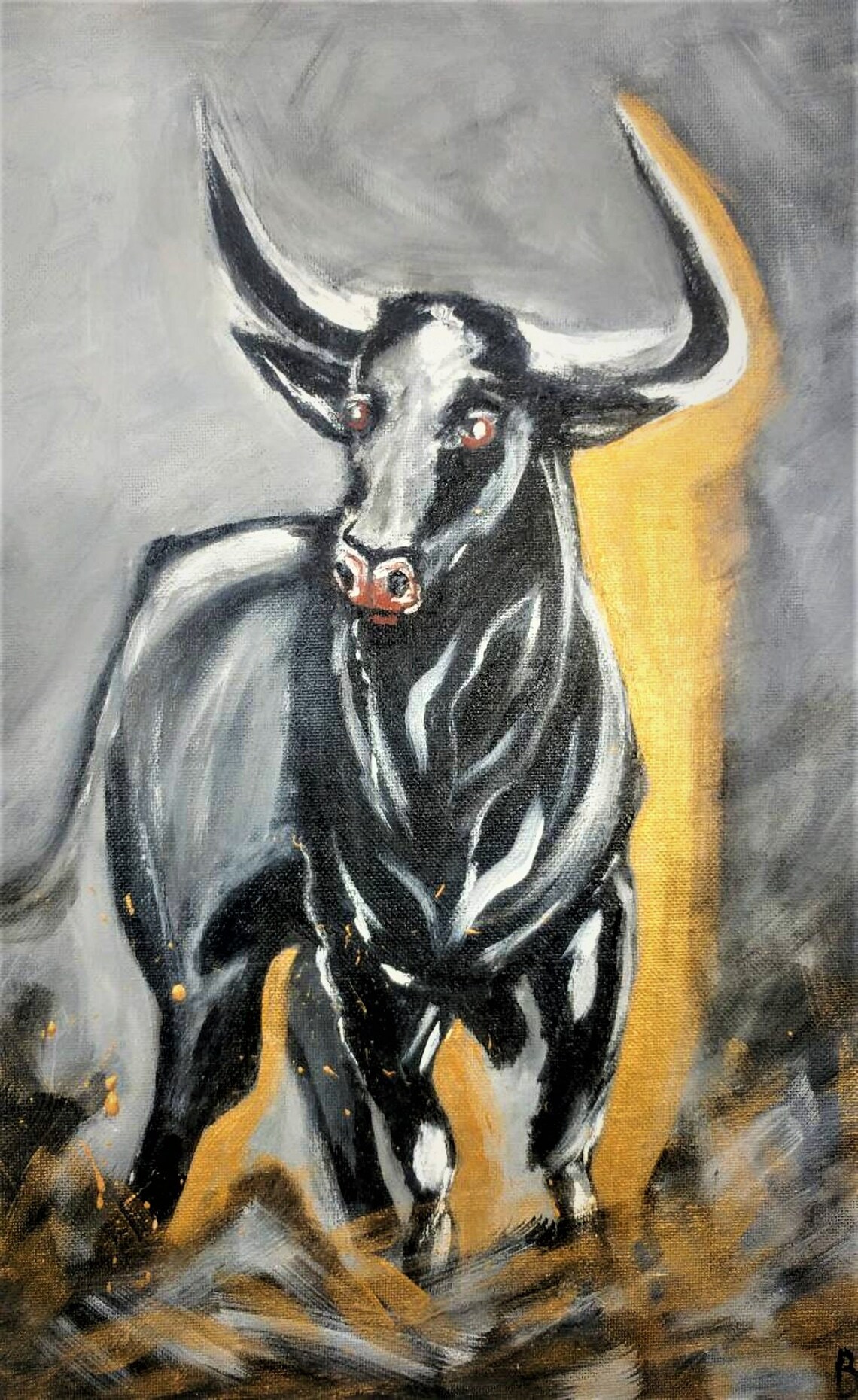 Black Painting Bull on Canvas Bull Wall Art Original Running Etsy