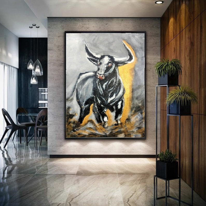 Black Painting Bull on Canvas Bull Wall Art Original Running Etsy