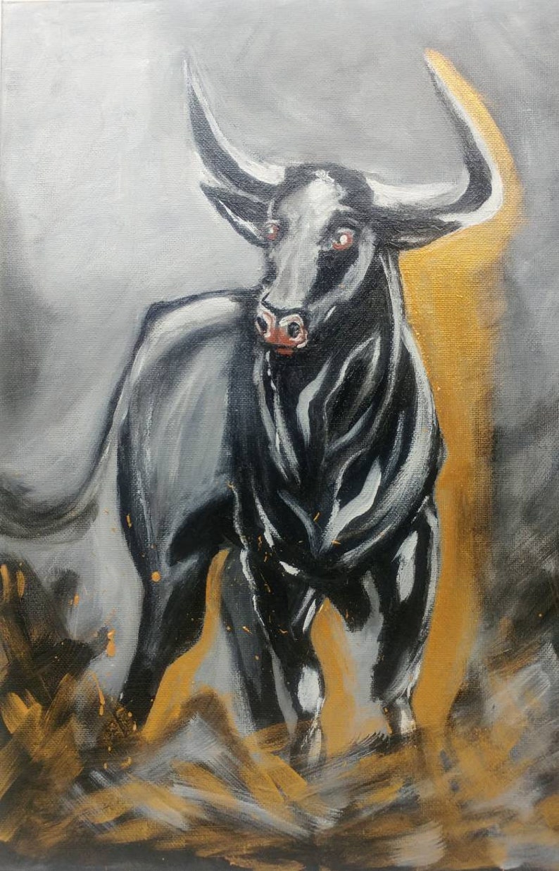 Black Painting Bull on Canvas Bull Wall Art Original Running Etsy