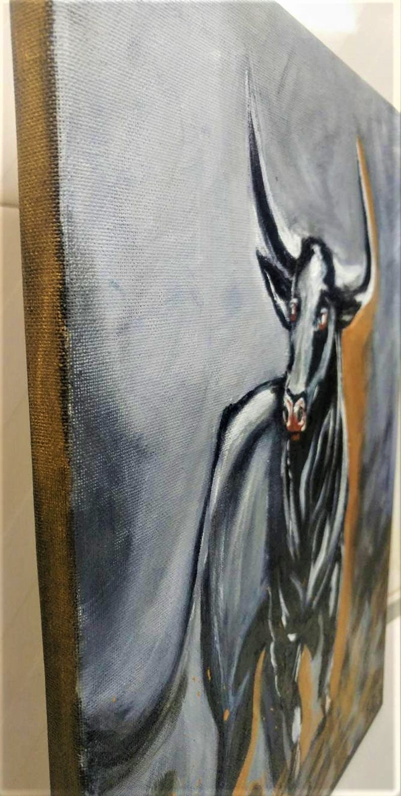 Black Painting Bull on Canvas Bull Wall Art Original Running Etsy