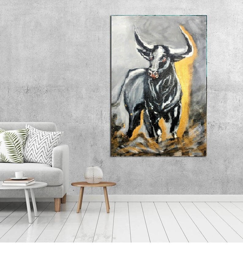 Black Painting Bull on Canvas Bull Wall Art Original Running Etsy
