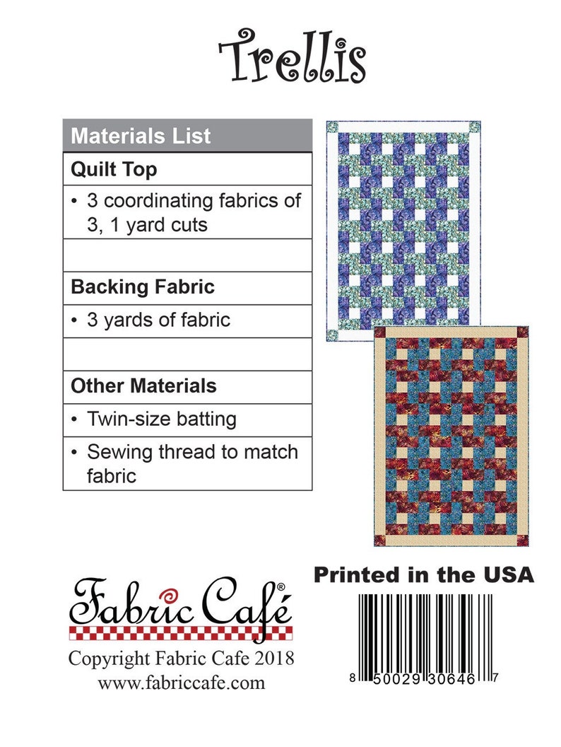 Fabric Cafe 3 Yard Quilt Patterns, TRELLIS, Donna Robertson, 092126-01 image 2